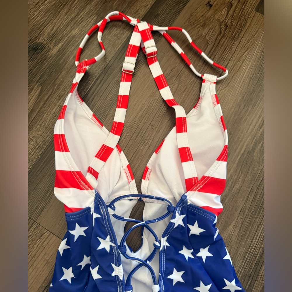 NWOT American Flag Plunge Strappy One Piece Swimsuit - Picture 9 of 14